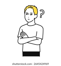 Arms folded, thinking, T-shirt, young man, illustration material