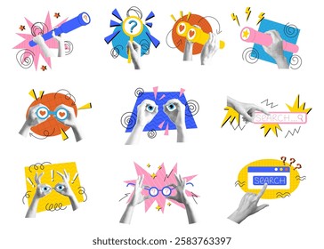 Arms gesture. Magnifying glass. Arms with telescope or spyglass. Collage halftone. Look through binoculars. Search bar. Discovery of vision business. Vector focus strategy garish doodle concepts set