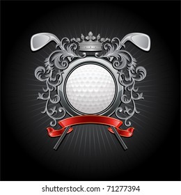 Ð¡oat of arms with a golf ball and putters. Vector illustration.