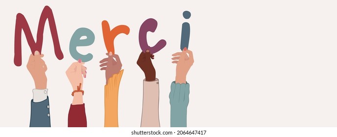 Up arms of a group diverse people holding the letters forming the word grazie in French -Merci- in their hands.Teamwork.Gratitude and agreement between colleagues or friends. Appreciation