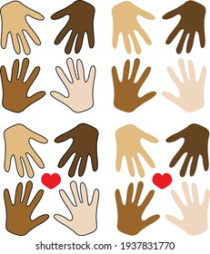 Arms hands of different skin color with a red heart inside. Human rights diversity