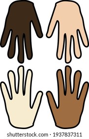 Arms hands of different skin color. Human rights diversity