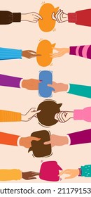 Arms and hands holding speech bubble. Diversity People who exchange information and Concept of sharing ideas. Agreement or affair between a group of colleagues or collaborators.