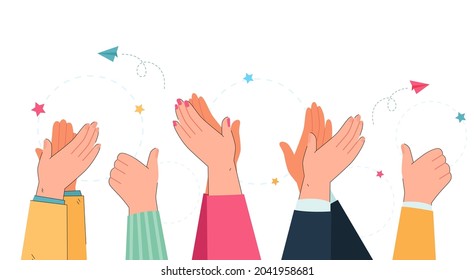 Brazos y manos de personas aplaudiendo y mostrando sus pulgares hacia arriba. Aplausos: hombres y mujeres que celebran ganan ilustración vectorial plana. Apreciación, respeto, concepto de celebración para banner o página de inicio