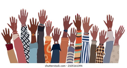 Arms and hands raised up ethnic group of African and African American men and women. Identity concept - racial equality and justice. Racial discrimination. Diversity people