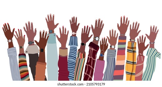 Arms And Hands Raised Up Ethnic Group Of Black African And African American Men And Women. Black People Community. Identity Concept - Racial Equality And Justice. Racial Discrimination