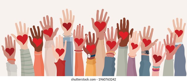 Arms and hands raised. Group of diverse people with heart in hand. Charity donation and volunteer work. Support and assistance. Multicultural and multiethnic community. People diversity