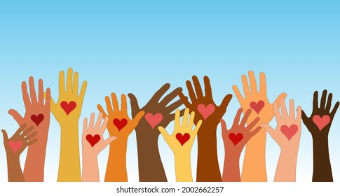 Arms and hands raised. Group of diverse people with heart in hand. Charity donation and volunteer work. Support and assistance. Multicultural and multiethnic community. People diversity