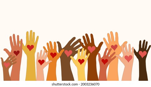 Arms and hands raised. Group of diverse people with heart in hand. Charity donation and volunteer work. Support and assistance. Multicultural and multiethnic community. People diversity