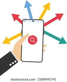 Arms hold smartphone and colored arrow pointers indicators. Looking for his way. Uncertainty. Searching a path. Modern vector illustration in flat style

