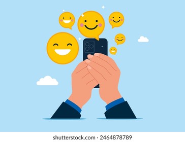 Arms hold use smart phone. Positive attitude. Flat vector illustration
