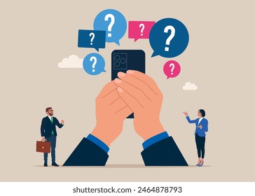 Arms hold use smart phone. Question mark sign in speech bubbles. Lot of questions.  FAQ concept. Vector business people illustration. 