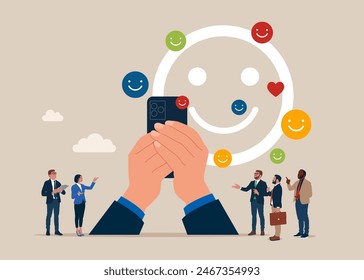 Arms hold use smart phone. Working with smile face with lovely heart metaphor of happiness and joyful. Work happiness, enjoy working or career satisfaction. Vector illustration