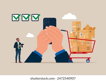 Arms hold use smart phone. Businessman with procurement manager checking supply assets. Procurement and purchasing company equipments, goods and service, audit and checking price. 