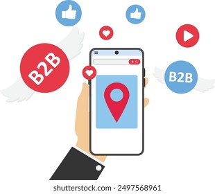 Arms hold use smart phone. B2B marketing. SMM, Internet notification. Social media network ads and internet. Appreciate the service.

