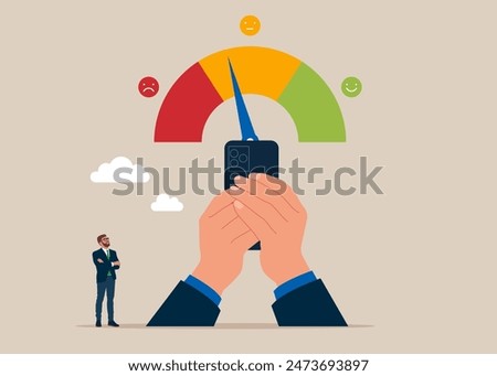 Arms hold use smart phone. Businessman with customer feedback, credit score or satisfaction measurement, quality control or improvement.