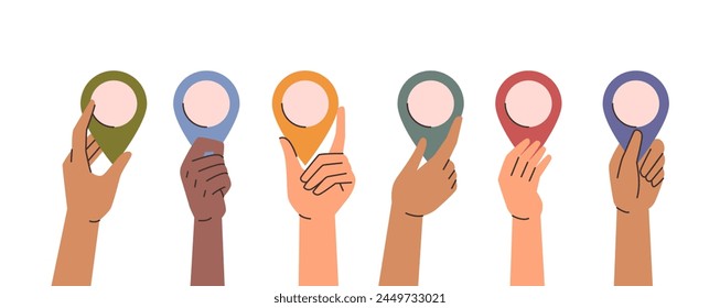 Arms holding empty navigation pins. Vector isolated hands with blank markers or destination pointers for maps and trips. Modern traveling and trips elements. Geolocation and tourism design