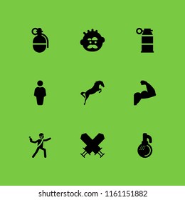 arms icon. 9 arms set with manly, warrior, strong and grenade vector icons for web and mobile app