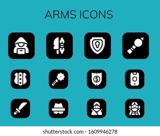 arms icon set. 12 filled arms icons.  Simple modern icons such as: Hacker, Shield, Weapons, Weapon, Ninja, Bladder pipe