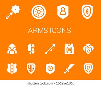 arms icon set. 14 filled arms icons. Included Weapon, Shield, Hacker, Lance, Weapons, Armor icons