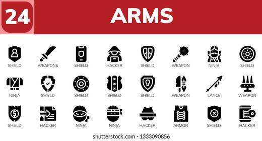 arms icon set. 24 filled arms icons.  Simple modern icons about  - Shield, Weapons, Hacker, Weapon, Ninja, Lance, Armor