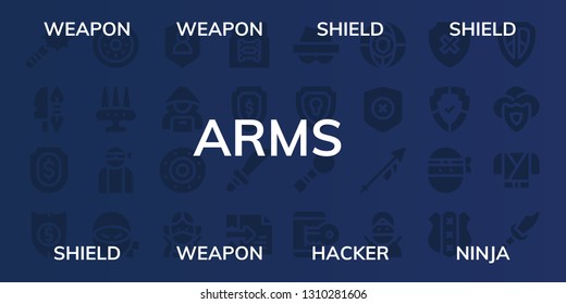 arms icon set. 32 filled arms icons. on blue background style Simple modern icons about  - Weapon, Shield, Hacker, Ninja, Armor, Weapons, Bladder pipe, Lance