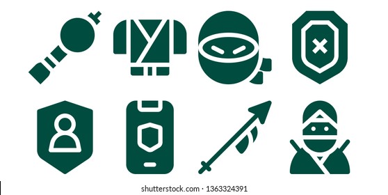 arms icon set. 8 filled arms icons.  Collection Of - Shield, Bladder pipe, Ninja, Lance