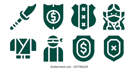 arms icon set. 8 filled arms icons.  Collection Of - Ninja, Weapon, Hacker, Shield