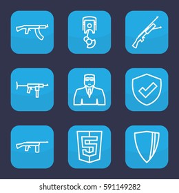 arms icon. Set of 9 outline arms icons such as security guy, robot arm, submachine gun