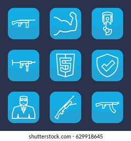 Arms icon. set of 9 outline arms icons such as security guy, robot arm, submachine gun, shield