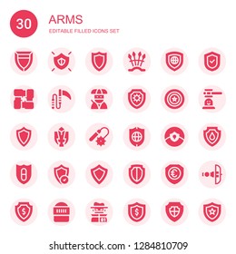arms icon set. Collection of 30 filled arms icons included Shield, Weapons, Arms, Weapon, Ninja, Fighting game, Hammer game, Crossbow, Warrior, Hacker