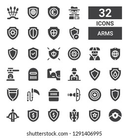 arms icon set. Collection of 32 filled arms icons included Shield, Fighting game, Crossbow, Warrior, Weapon, Hacker, Arm, Hammer game, Ninja, Weapons