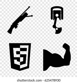 Arms icons set. set of 4 arms filled icons such as robot arm, submachine gun, shield