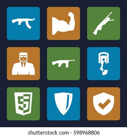 arms icons set. Set of 9 arms filled icons such as security guy, robot arm, submachine gun, shield