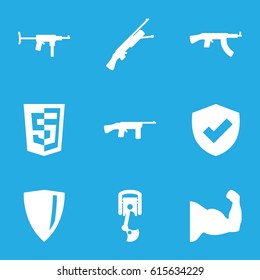 Arms icons set. set of 9 arms filled icons such as robot arm, submachine gun, shield