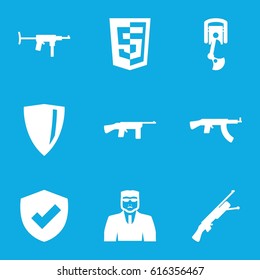Arms icons set. set of 9 arms filled icons such as security guy, robot arm, submachine gun
