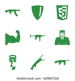 Arms icons set. set of 9 arms filled icons such as security guy, robot arm, submachine gun, shield