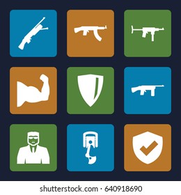 Arms icons set. set of 9 arms filled icons such as security guy, robot arm, submachine gun, shield