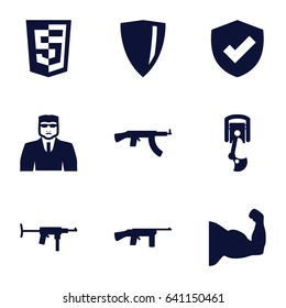 Arms icons set. set of 9 arms filled icons such as security guy, robot arm, submachine gun, shield