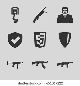 Arms icons set. set of 9 arms filled icons such as security guy, robot arm, submachine gun