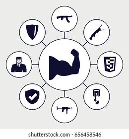 Arms icons set. set of 9 arms filled icons such as security guy, robot arm, submachine gun, shield