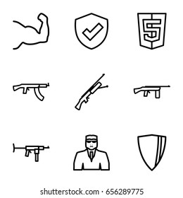 Arms icons set. set of 9 arms outline icons such as security guy, submachine gun, shield