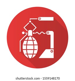 Arms industry red flat design long shadow glyph icon. Defense technology. Military sector. Weapon production. Preparing for war. Automatic grenades production line. Vector silhouette illustration