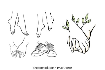 Arms and legs drawing vector set line. Love concept with sneakers