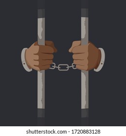 Arms of male prisoner in handcuffs holding jail bars vector graphic illustration. Cartoon hands of criminal person serve sentence in prison isolated on black background. Arrested guilty man