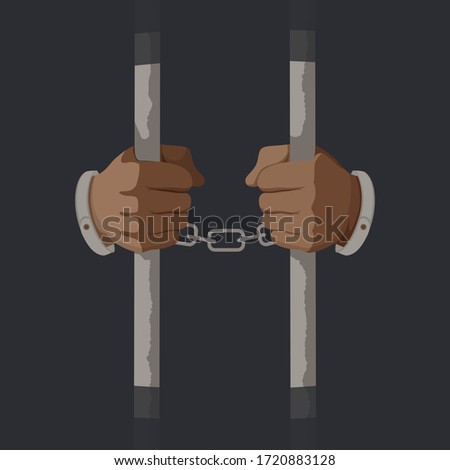 Arms of male prisoner in handcuffs holding jail bars vector graphic illustration. Cartoon hands of criminal person serve sentence in prison isolated on black background. Arrested guilty man