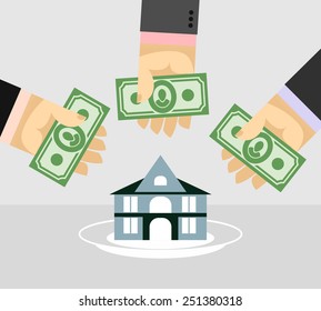 Arms and money. Buying a House. Selling a home. Business illustration