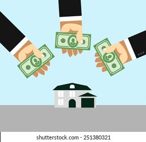 Arms and money. Buying a House. Selling a home. Business illustration