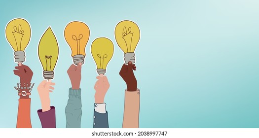 Arms of multicultural business men and women holding a label that forms a light bulb. Concept of aspiration and achievement in the workplace. Brainstorming. Innovation concept. Community