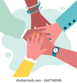 Arms of multiethnic women making unity, togetherness and support gesture. Stack of female hands. Vector illustration for teamwork, cooperation, feminism, community, cooperation concept